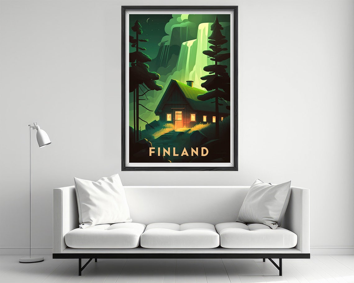 Finland Night Cabin Under Northern Lights Vintage Travel Poster - Image 2