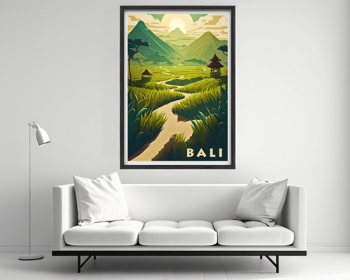 Bali Green Rice Terraces Volcano Sunrise Retro Travel Poster - Image 2