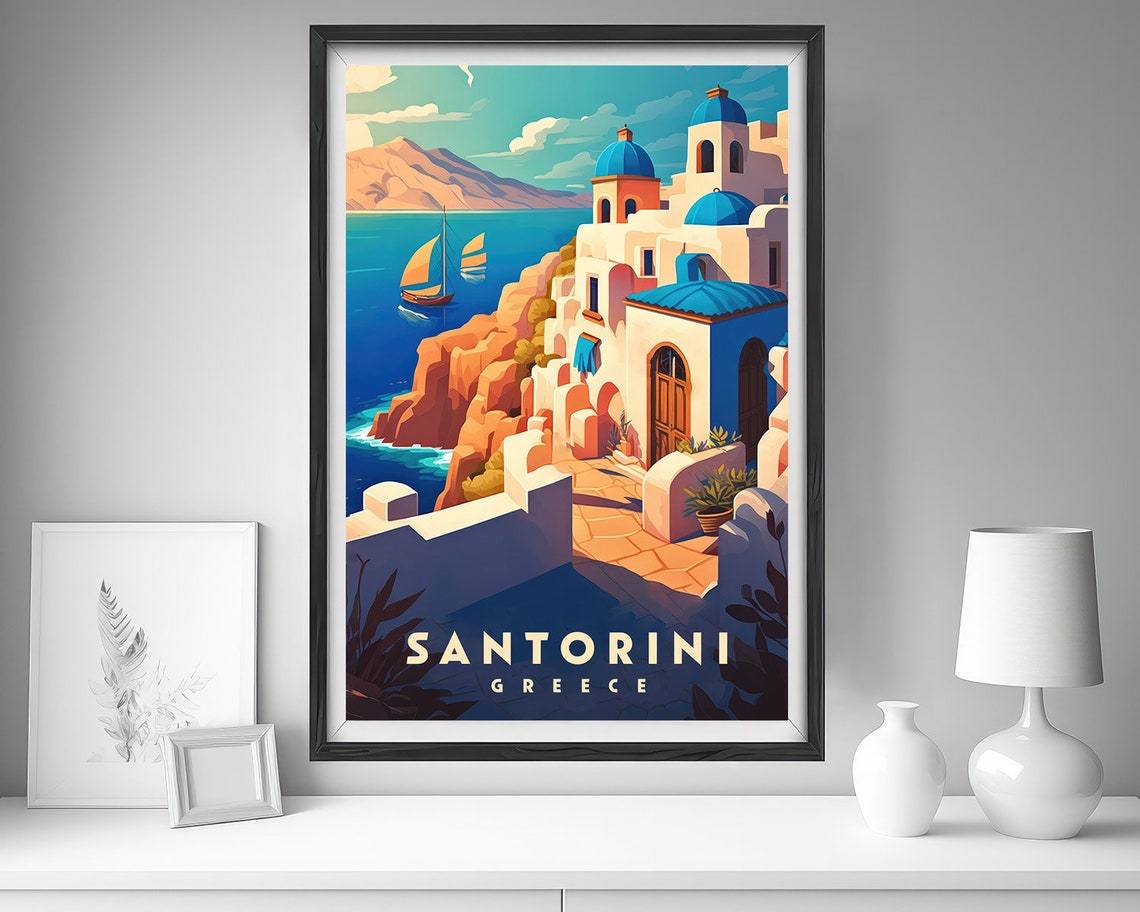 Santorini Greece Vintage Travel Poster Blue Domes Aegean Sea - Image 4