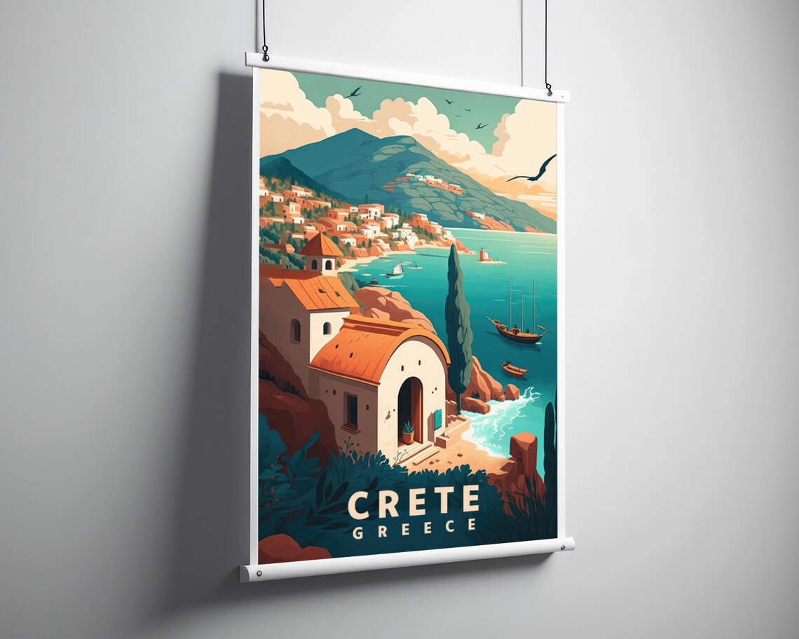 Crete Greece Coastal Village Seaside Retro Travel Art Poster - Image 3