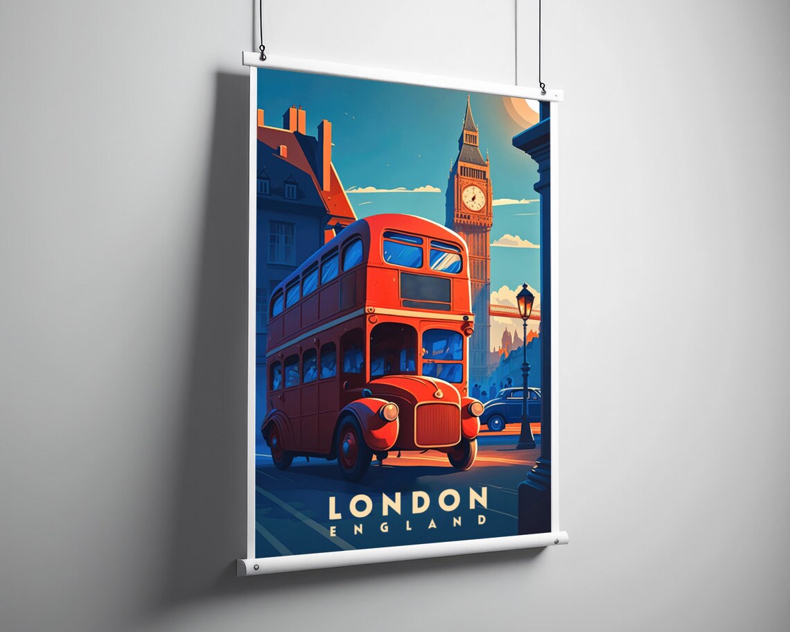London England Vintage Travel Poster Red Bus Big Ben Skyline - Image 3