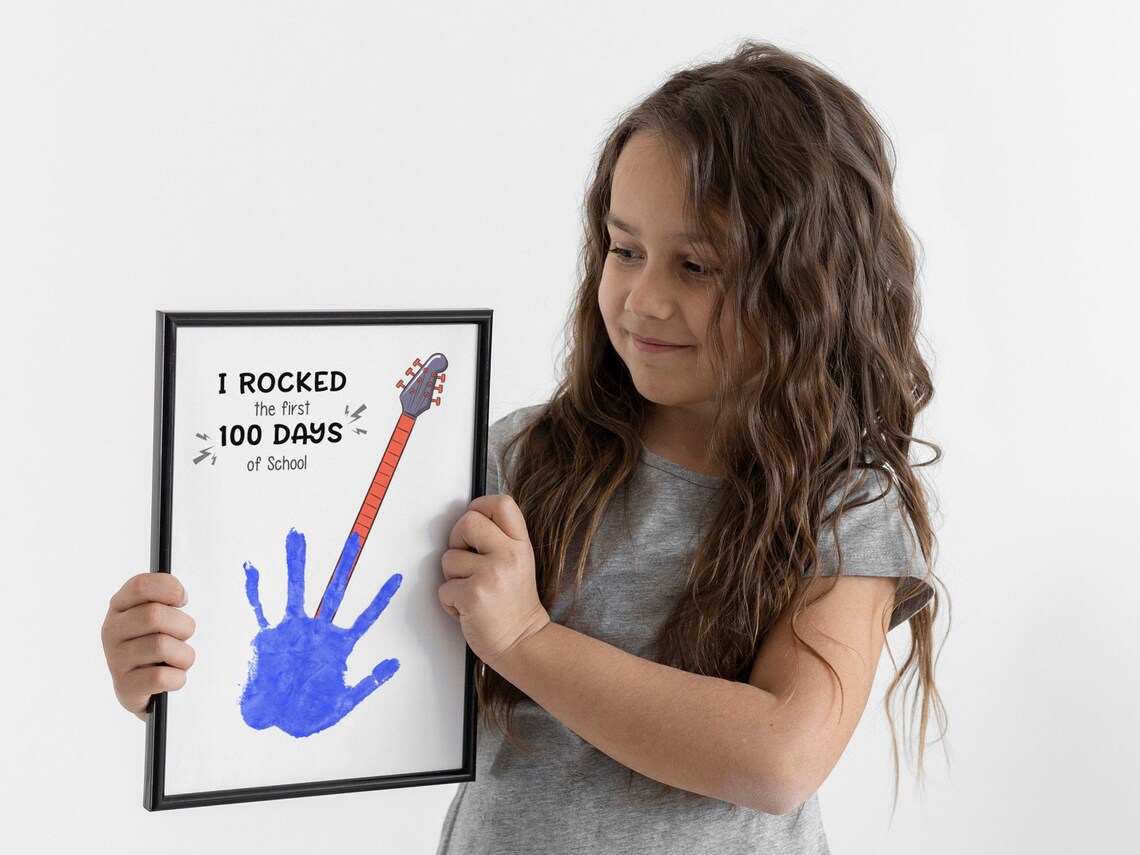 I Rocked 100 Days of School Handprint Guitar Kids Craft Poster - Image 4