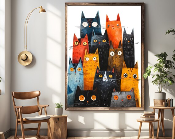 Colorful Cats Family Whimsical Feline Illustration Art Poster