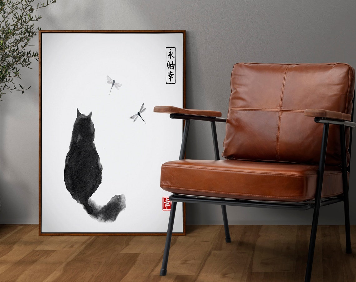 Black Ink Cat Watching Dragonflies Japanese Sumi-E Style Poster