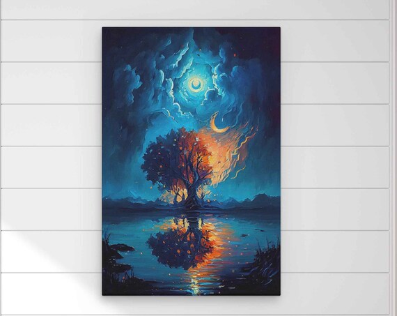 Painting Of A Tree On Fire On A Lake At Night Print Of Painting On Ready To Hang Beautiful Colors Living Room Decor