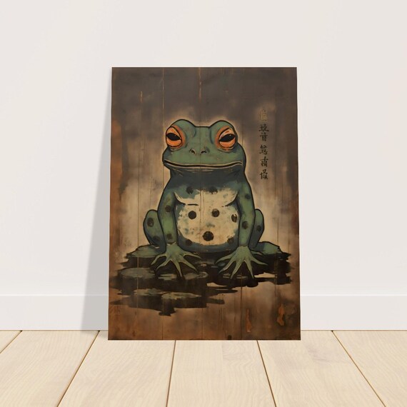Japanese Woodblock Style Spotted Frog Portrait On Dark Vintage Background Poster