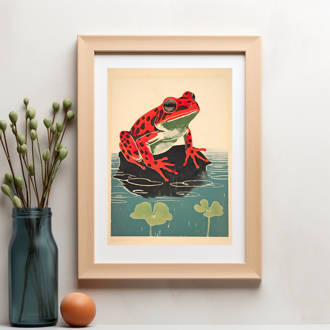 Japanese Woodblock Style Red Spotted Frog On Rock Above Lily Pads Poster - Image 6