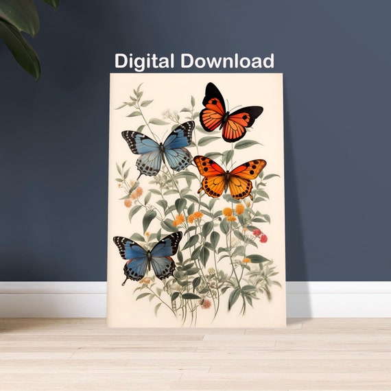 Butterfly Wall Art Vintage Print Country House Style Decoration Retro Butterflies Flowers With Butterflies