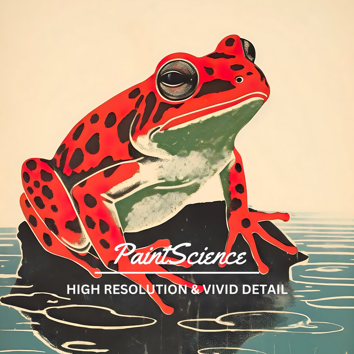Japanese Woodblock Style Red Spotted Frog On Rock Above Lily Pads Poster - Image 2