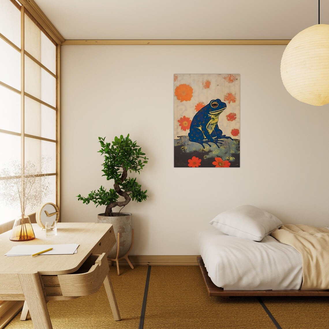 Striking Japanese Style Blue Frog Orange Flowers Vintage Art Poster - Image 3