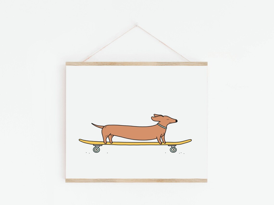 Wiener Dog Skateboarding Poster, Dachshund Illustration - Image 2