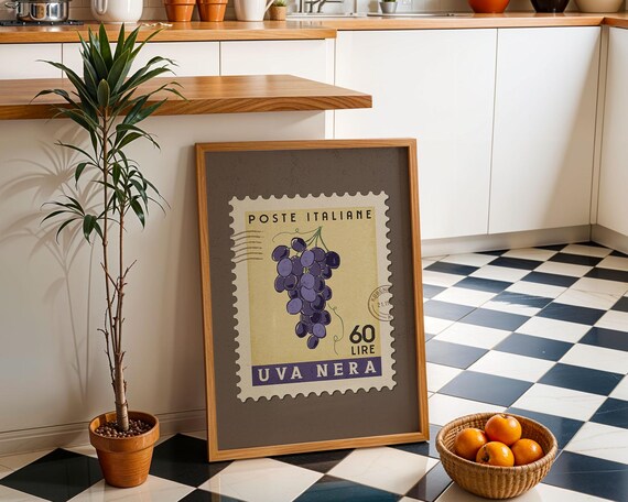 Italian Black Grapes Stamp Vintage Poste Italiane Kitchen Art Poster