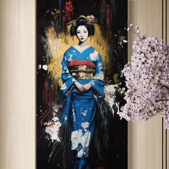 Bold Geisha Portrait Elegant Blue Kimono Print Japanese Inspired Decor Cultural Artwork For Living Room Or Home Decor
