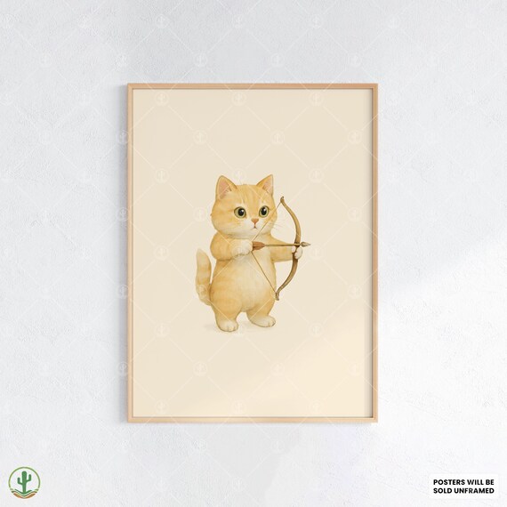 Orange Tabby Kitten Archery Bow and Arrow Watercolor Kids Art Print