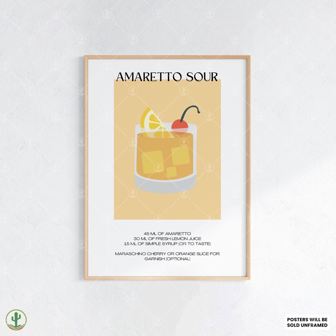 Amaretto Sour Cocktail Recipe Poster Sweet Almond Citrus Bar Kitchen Decor