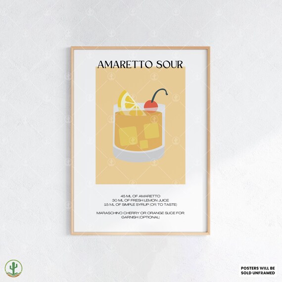 Amaretto Sour Cocktail Recipe Poster Sweet Almond Citrus Bar Kitchen Decor