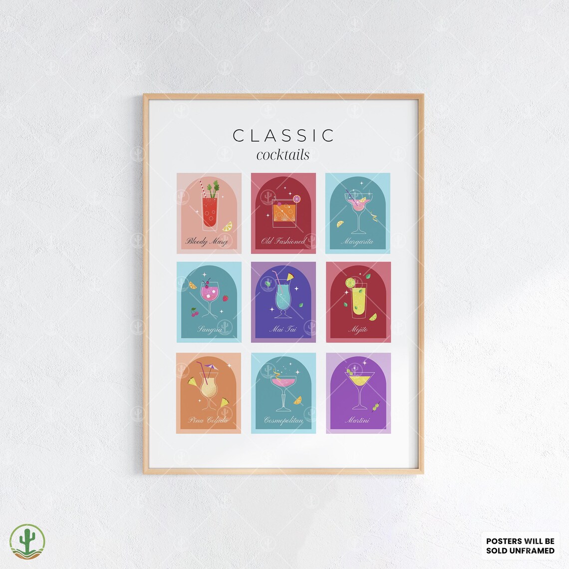Classic Cocktails Illustrated Guide Nine Drinks Colorful Bar Poster
