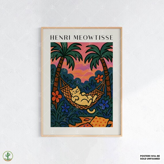Henri Meowtisse Cat Relaxing Hammock Palm Tree Sunset Poster