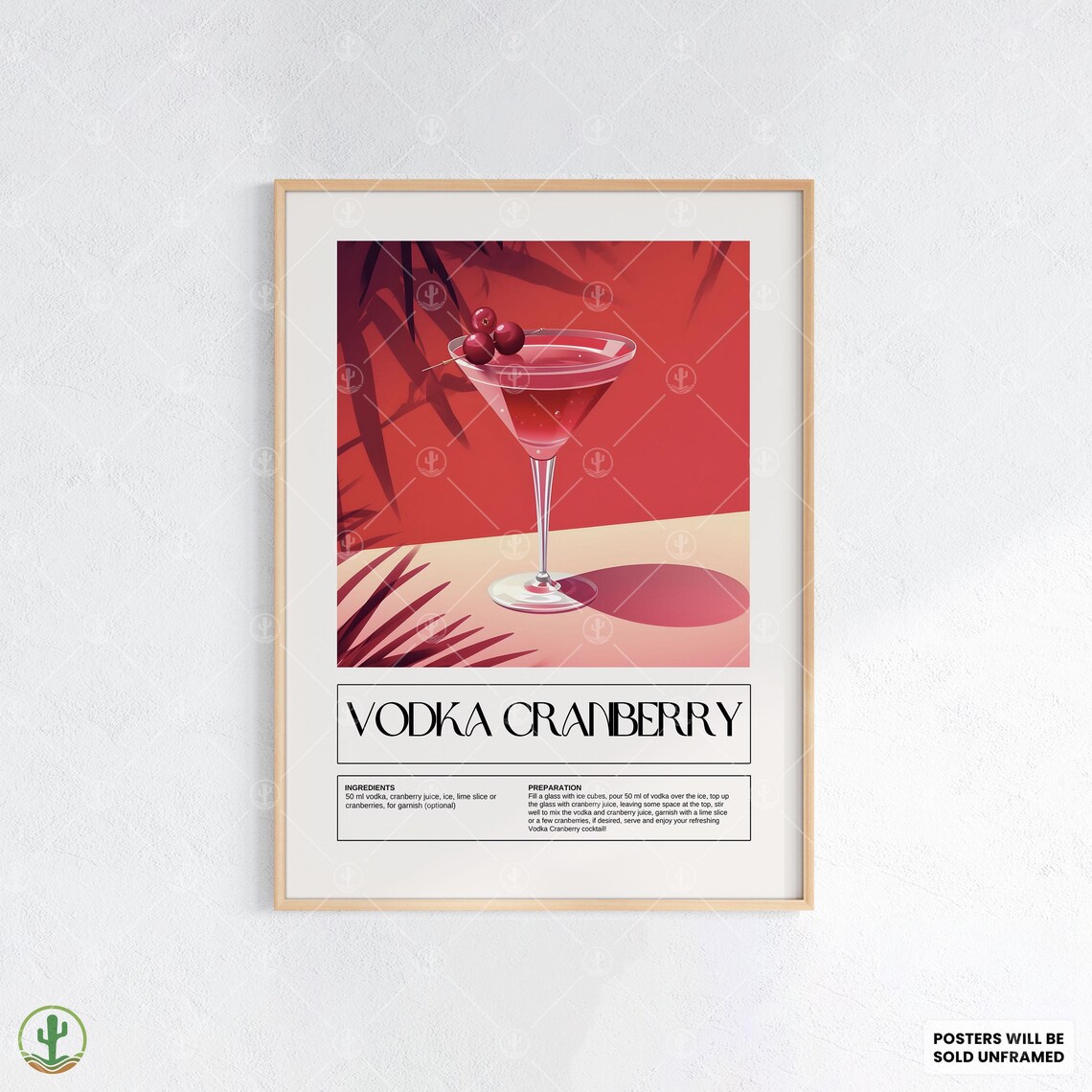 Vodka Cranberry Cocktail Recipe Poster Red Martini Retro Bar Kitchen Art
