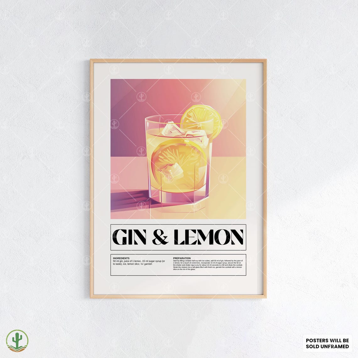 Gin And Lemon Cocktail Recipe Poster Citrus Summer Drink Bar Decor Art