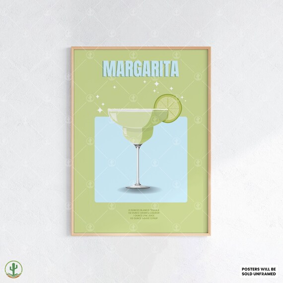 Margarita Retro Cocktail Recipe Poster Green Lime Bar Decor Art
