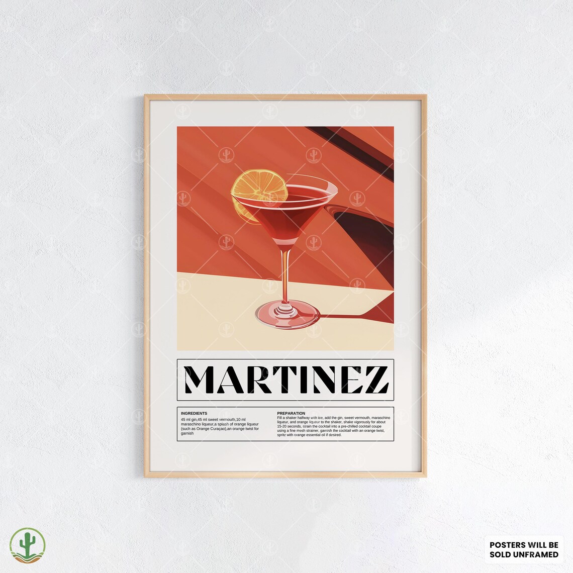Martinez Cocktail Recipe Poster Red Martini Vintage Bar Kitchen Decor