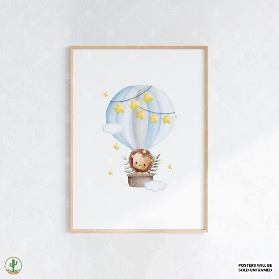 Lion In Star Balloon Ride Nursery Wall Art Print Cute Baby Room Decor Animal Kids Poster