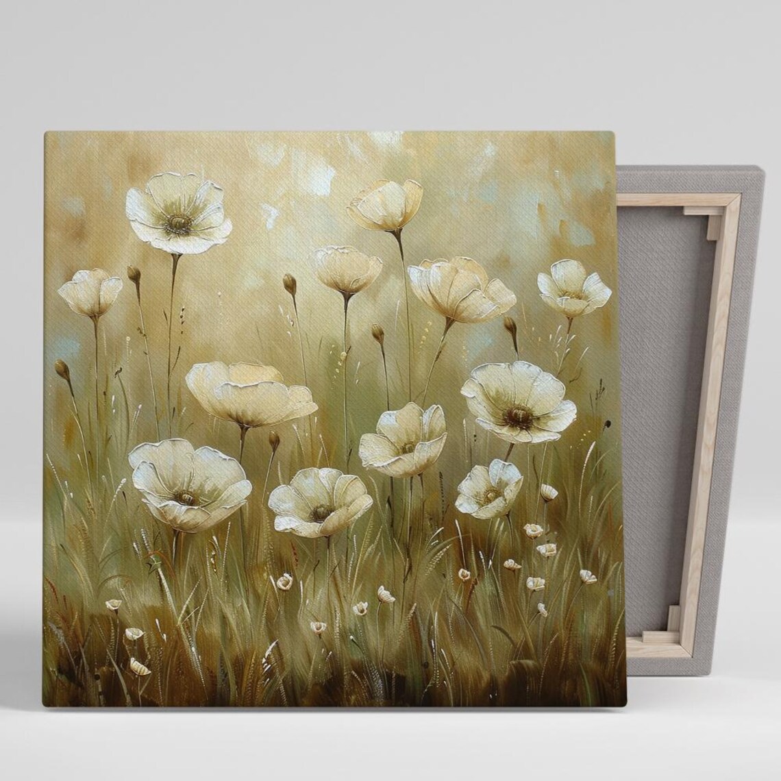 White Wildflowers Meadow Soft Oil Painting Golden Tones Art Poster