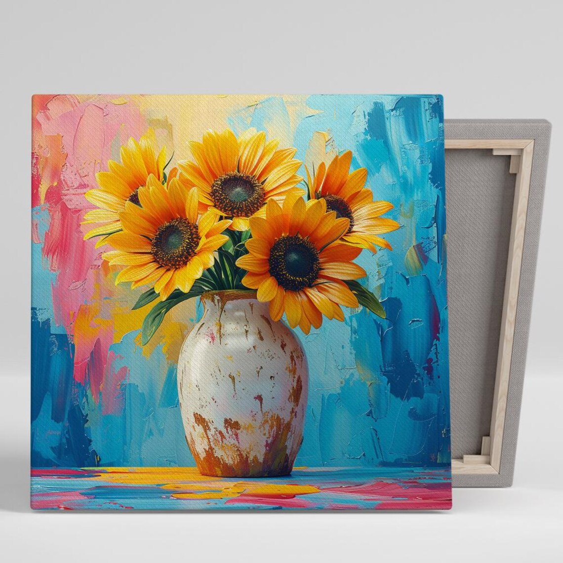 Bright Sunflower Bouquet White Vase Colorful Impasto Floral Poster
