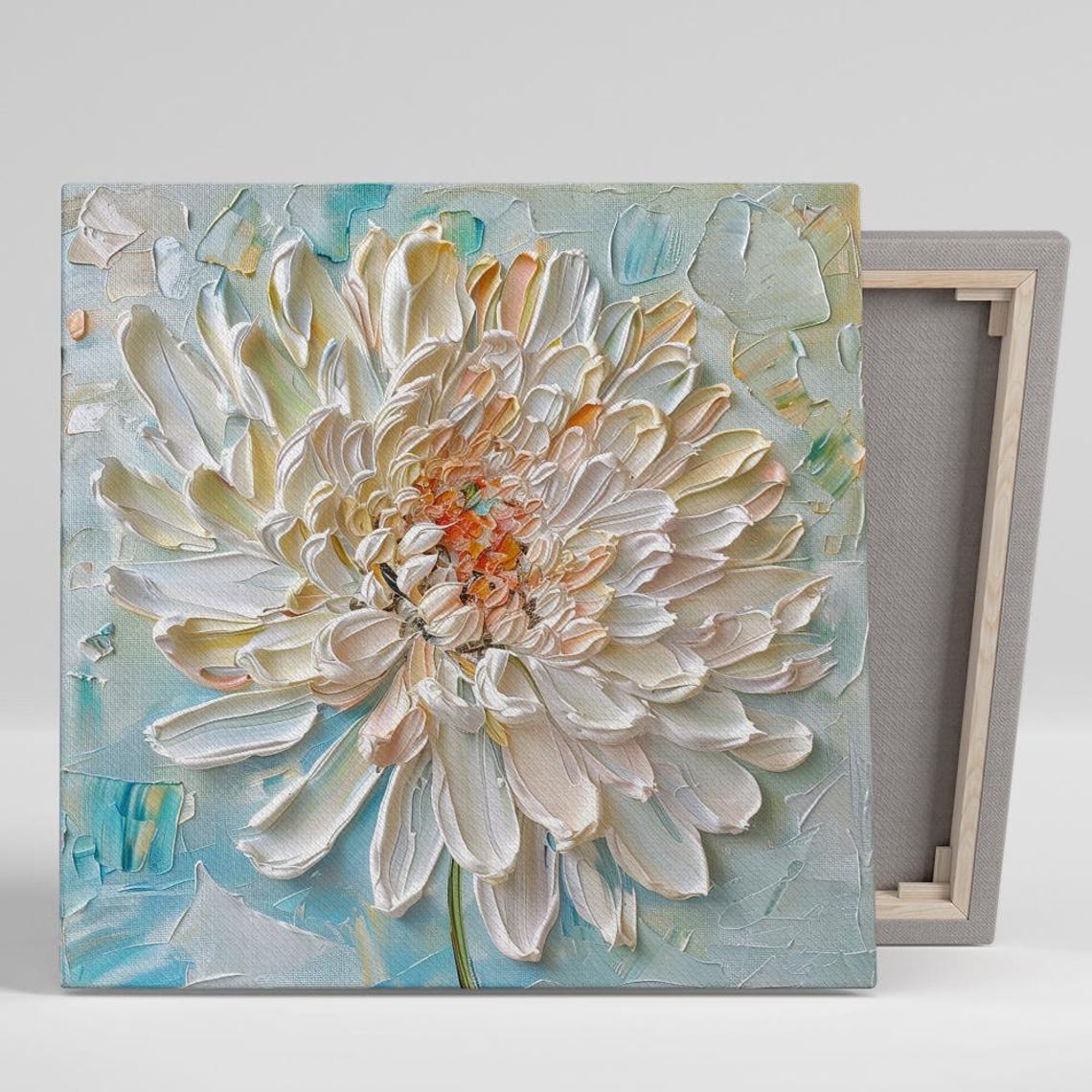 White Chrysanthemum Impasto Turquoise Textured Floral Wall Art Poster