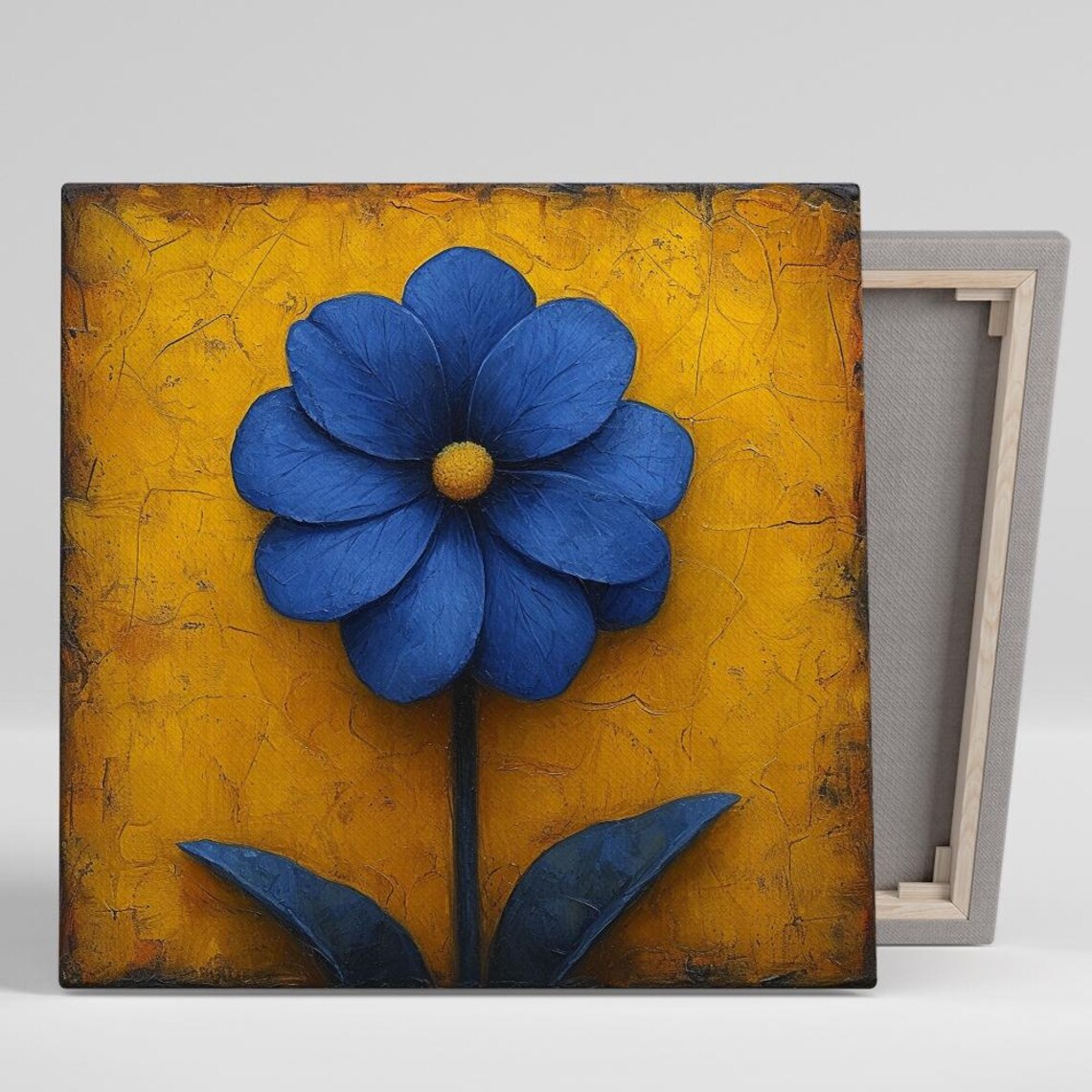 Blue Daisy Distressed Vintage Golden Crackle Background Floral Poster