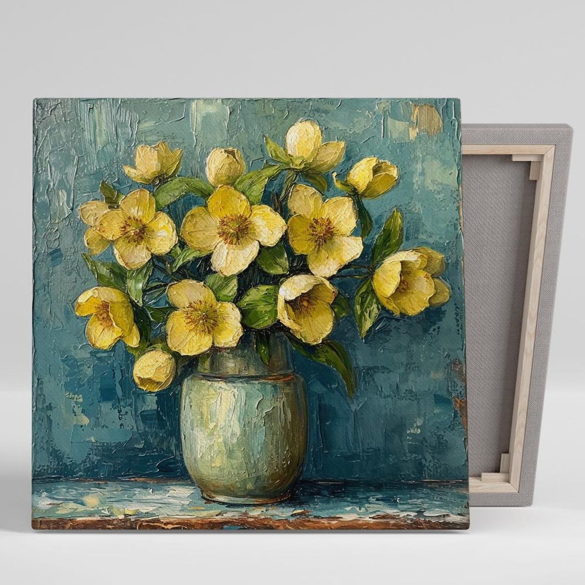 Yellow Buttercup Bouquet Rustic Ceramic Jug Teal Impasto Wall Poster