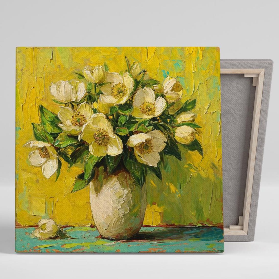 White Hellebore Blossoms White Vase Yellow Impasto Art Poster