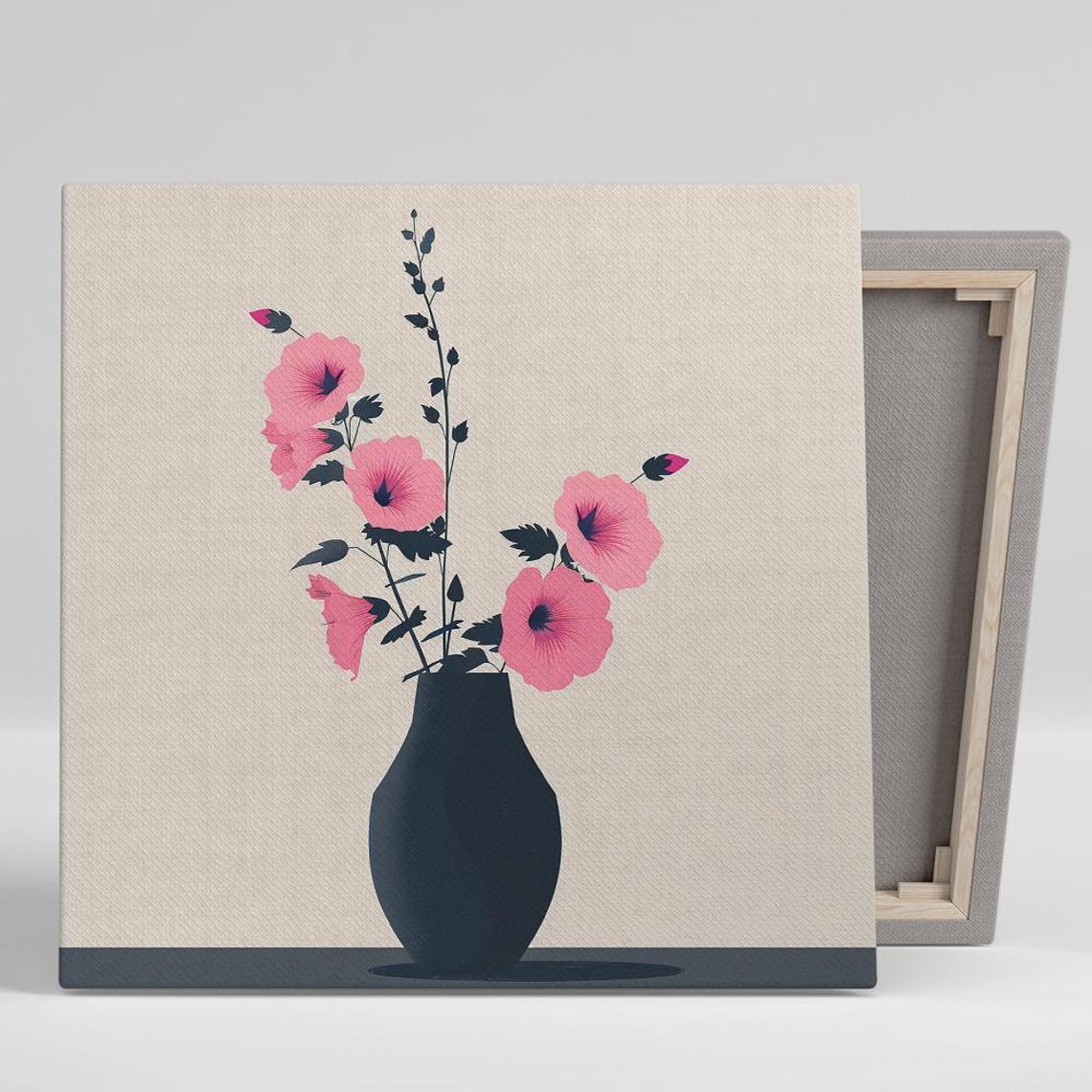 Pink Hollyhock Blooms Black Vase Modern Minimalist Graphic Poster
