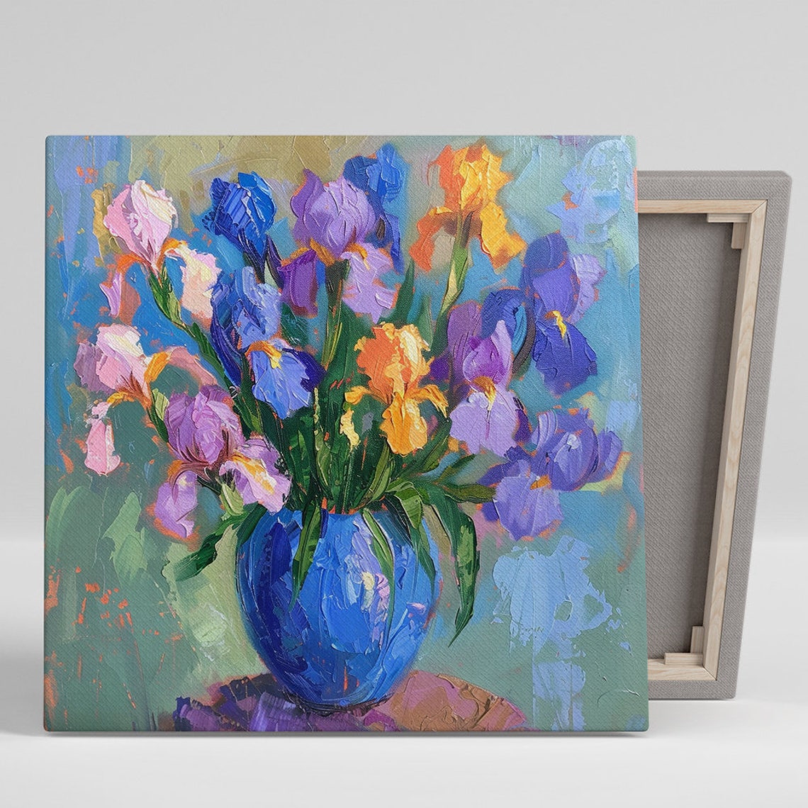Iris Bouquet Impressionist Blue Purple Orange Blooms Vase Art Poster