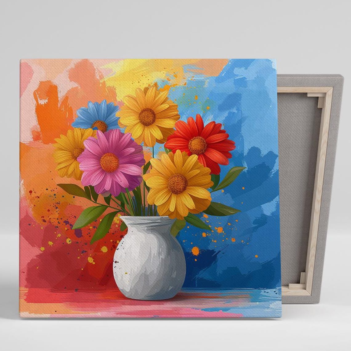 Rainbow Daisy Flowers In White Vase Sunset Background Art Poster