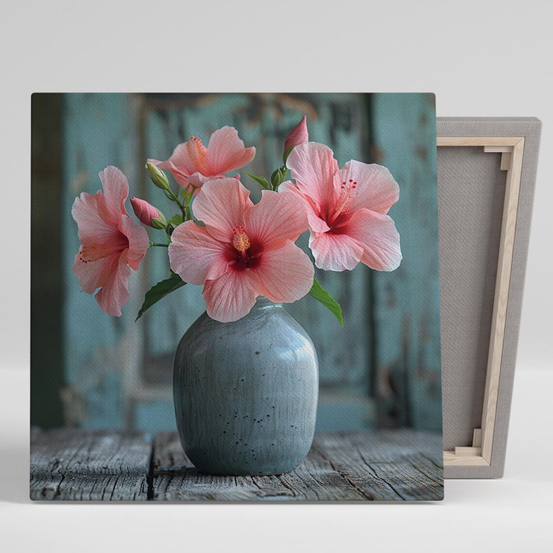 Pink Hibiscus Blooms In Gray Vase Coastal Still Life Art Poster