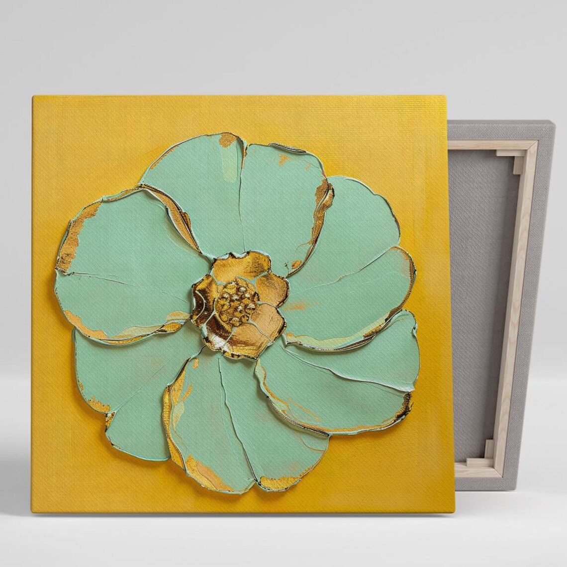 Mint Green Peony Impasto Gold Accent Modern Floral Art Wall Poster