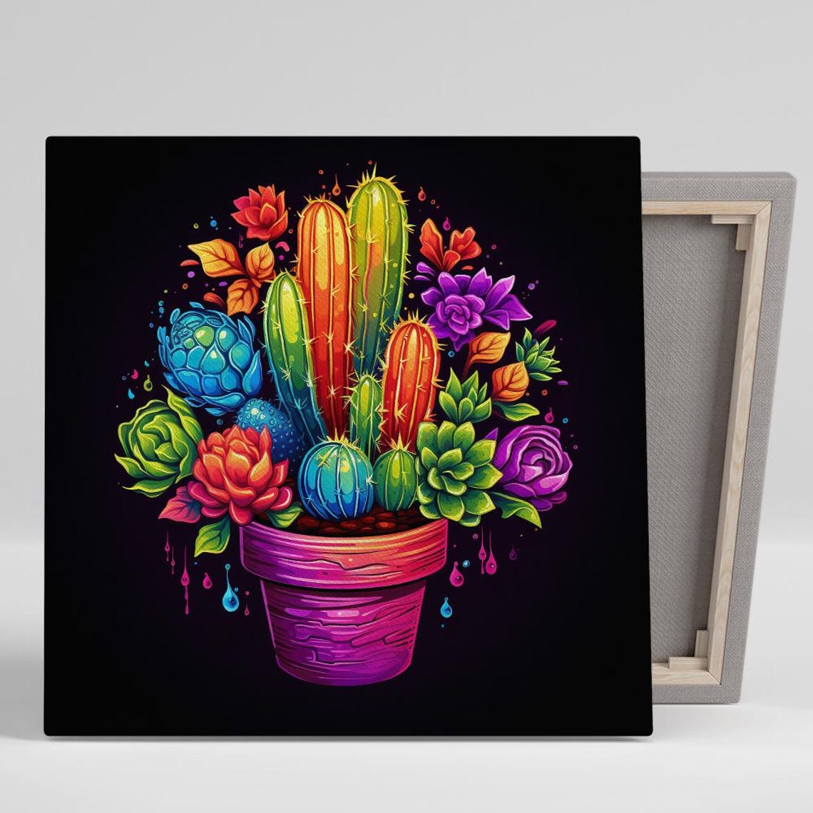 Neon Cactus Succulent Arrangement Pink Pot Black Background Pop Art