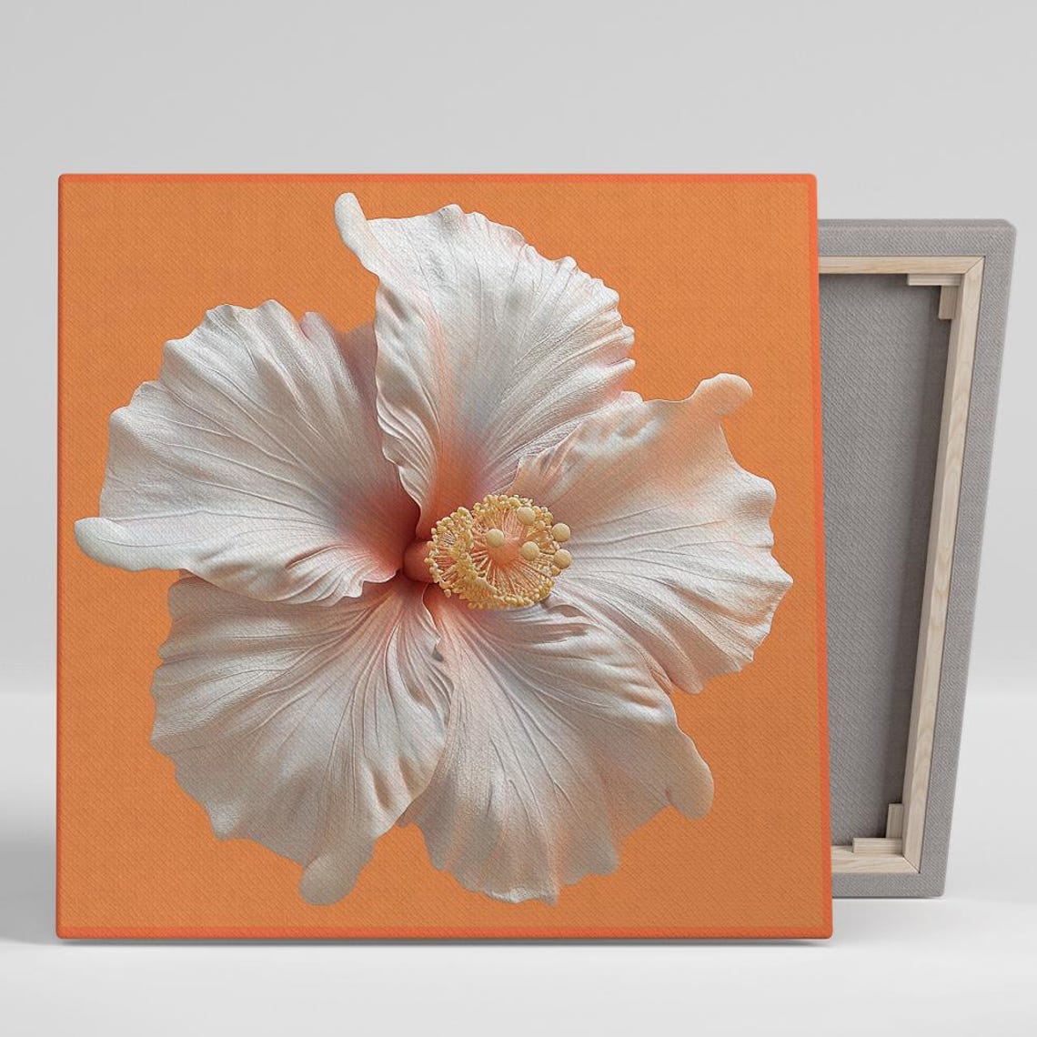 White Hibiscus Bloom Macro on Vibrant Orange Background Floral Print