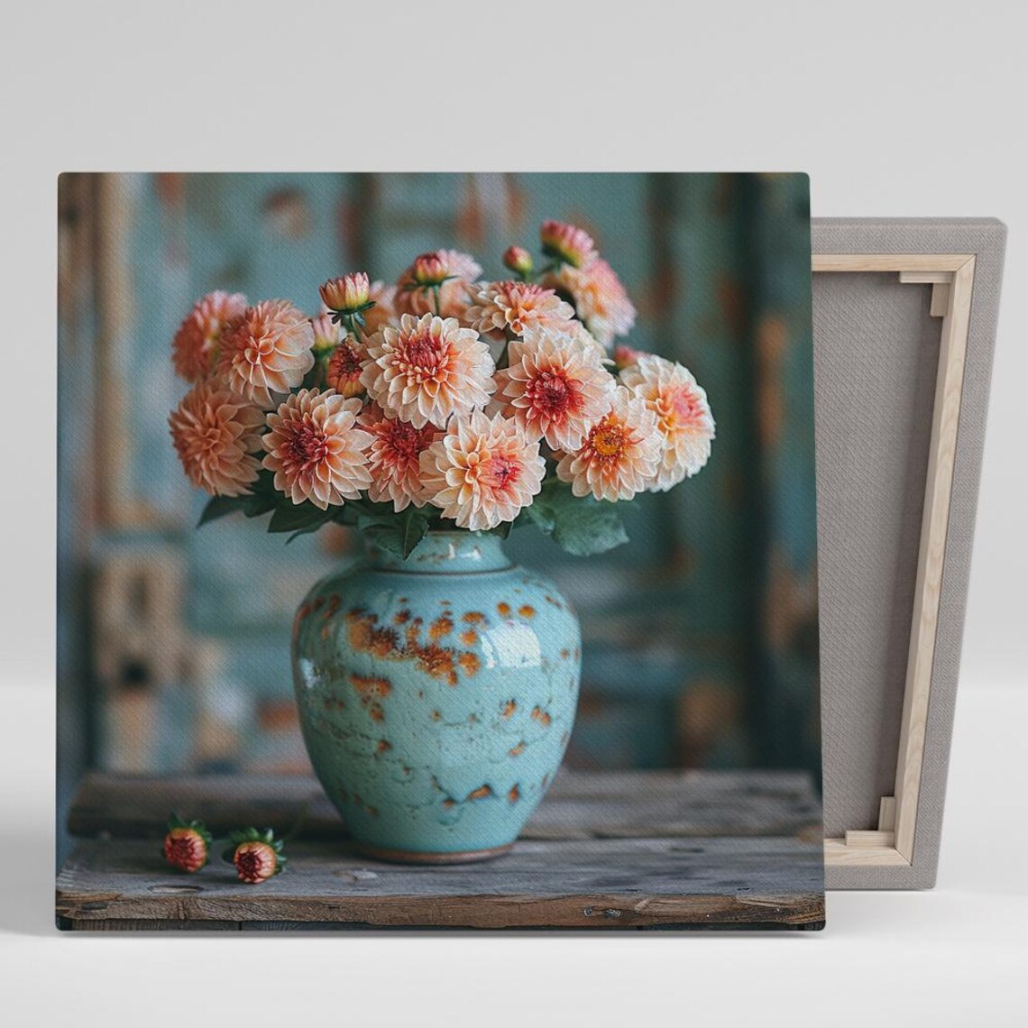 Peach Dahlias Rustic Turquoise Vase Farmhouse Still Floral Print