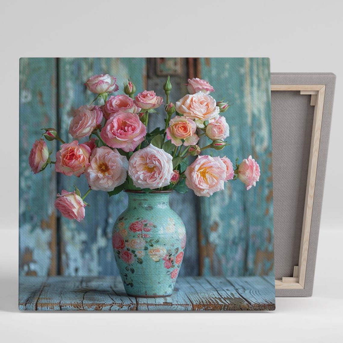 Pink Garden Roses Turquoise Vase Rustic Shabby Chic Floral Poster