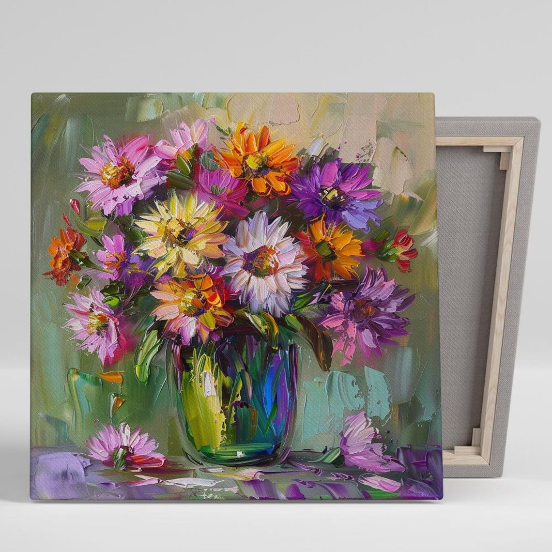 Colorful Daisy Bouquet Glass Vase Rich Impasto Floral Art Poster
