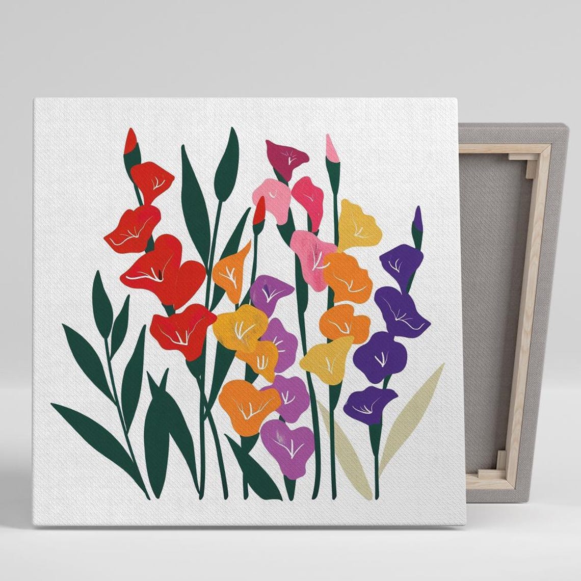 Colorful Gladiolus Stems Modern Flat Illustration White Floral Poster