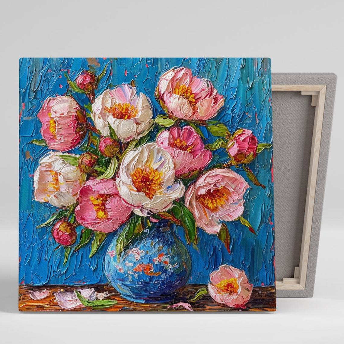 Pink White Peony Blue Vase Cobalt Impasto Painterly Art Poster