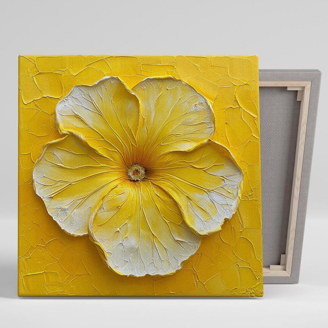 Yellow Hibiscus Bloom Impasto Texture on Golden Background Print