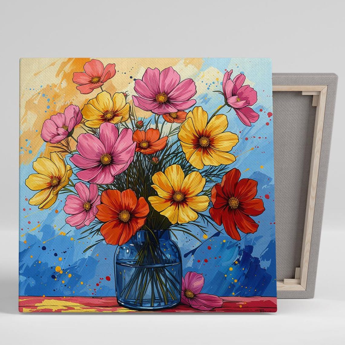 Vibrant Cosmos Bouquet Blue Vase Pop Art Colorful Floral Poster