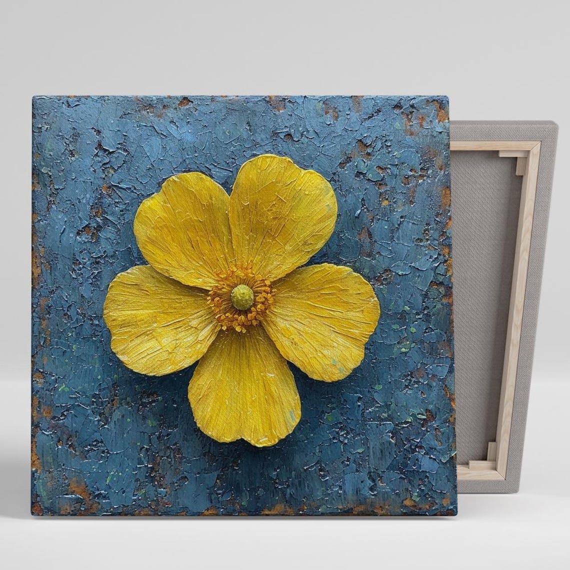 Yellow Buttercup Impasto Flower Textured Blue Background Bold Poster