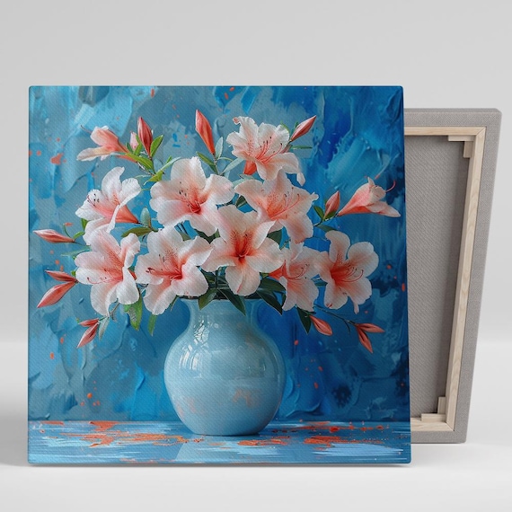 Pink Azalea Blossoms Blue Vase Cobalt Background Floral Still Life Poster