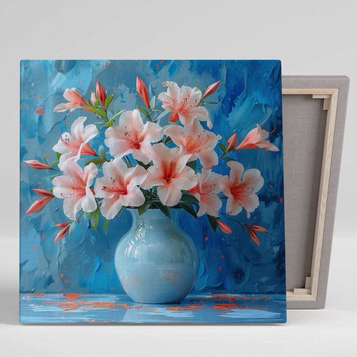 Pink Azalea Blossoms Blue Vase Cobalt Background Floral Still Life Poster
